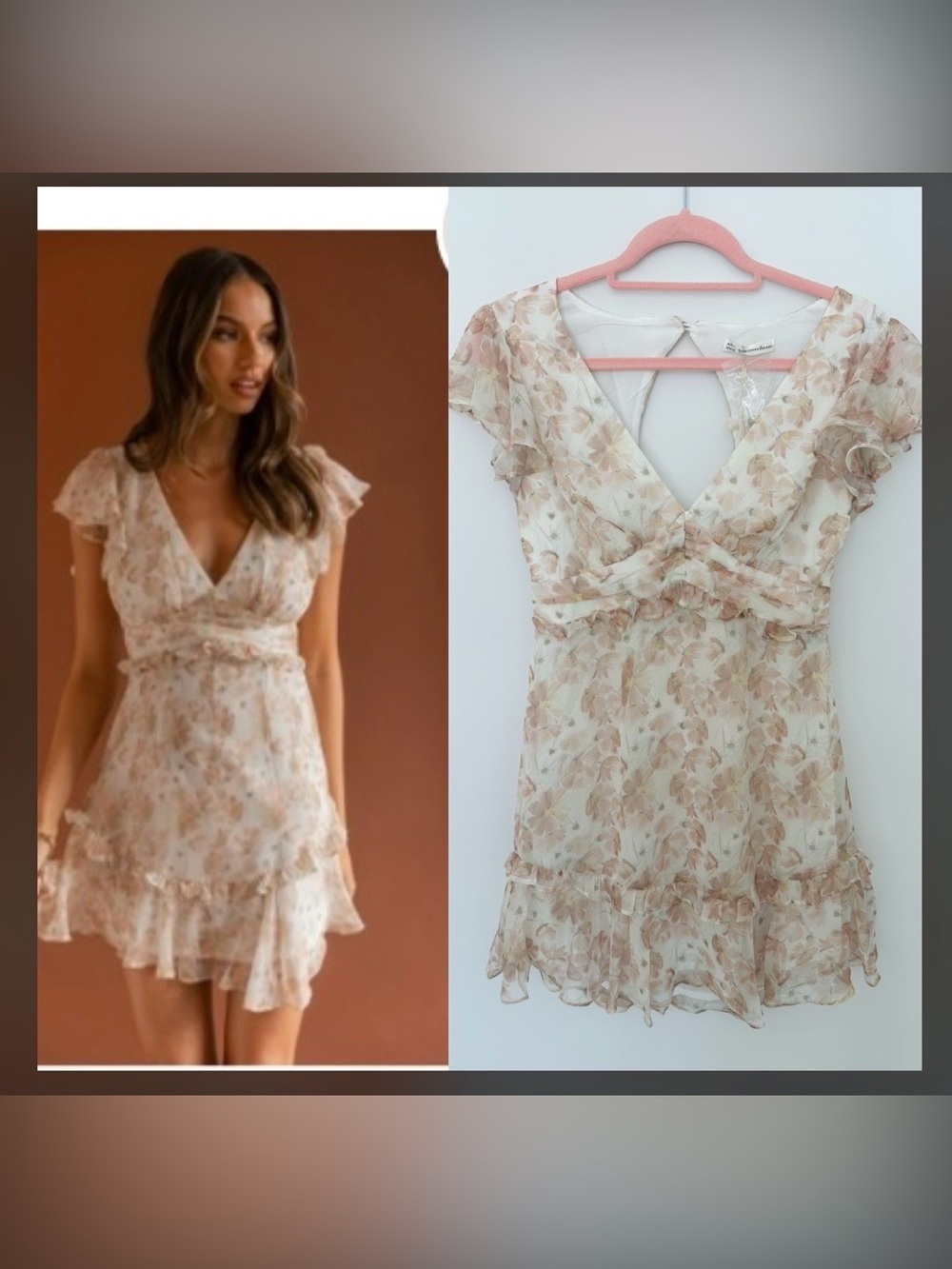 NWT! Selfie Leslie Floral Ruffle Chiffon V-Neck Dress - Pink Cream